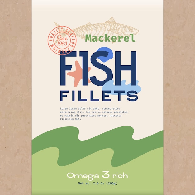 Fish Fillets Abstract Vector Fish Packaging Design or Label Modern Typography Hand Drawn Mackerel Silhouette and Colorful Elements Craft Paper Background Layout