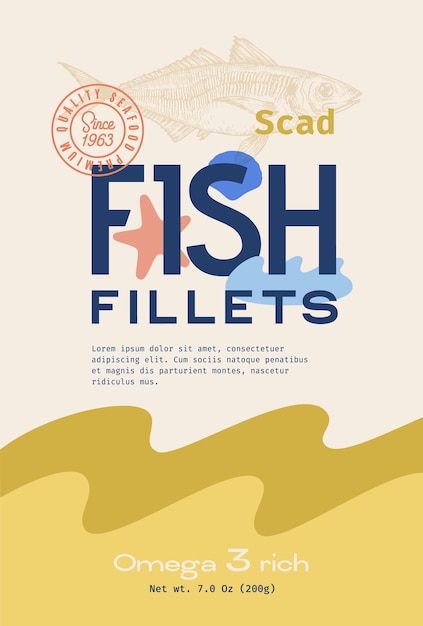 Fish fillets abstract vector packaging design or label modern typography hand drawn atlantic scad si...