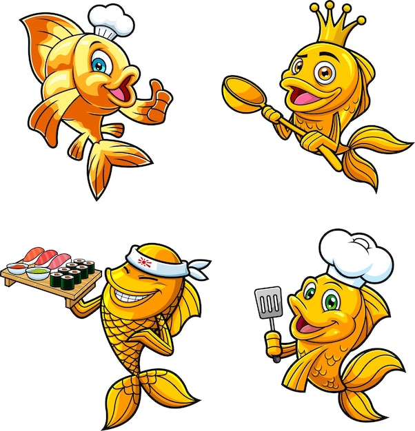 Fish Or Goldfish Cartoon Characters. Vector Hand Drawn Collection Set