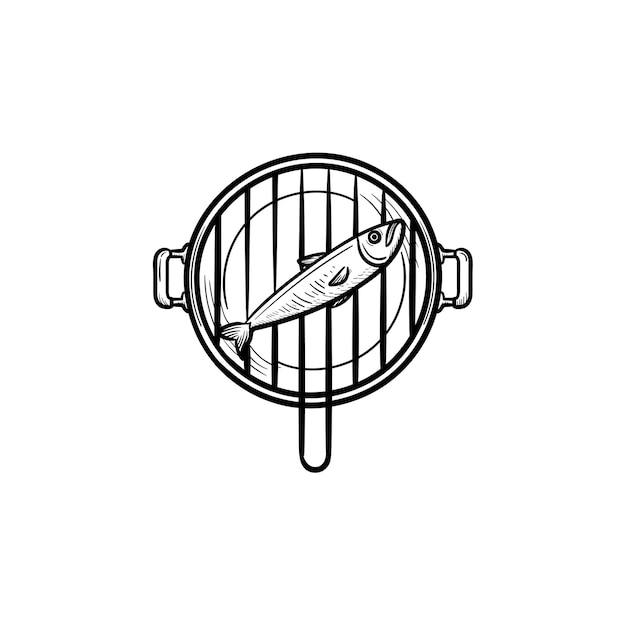 Fish grill hand drawn outline doodle icon. Vector sketch illustration of fish on a grill pan for print, web, mobile and infographics isolated on white background.