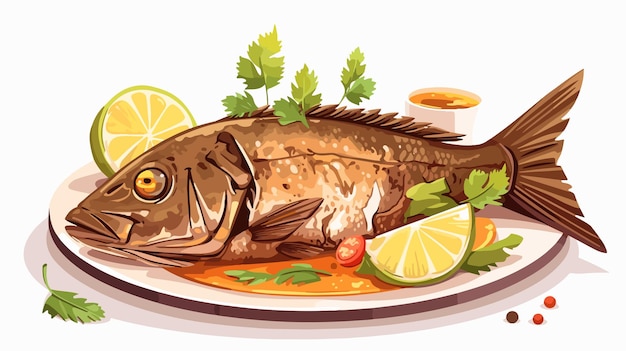 Vector a fish is on a plate with lemons and lemons