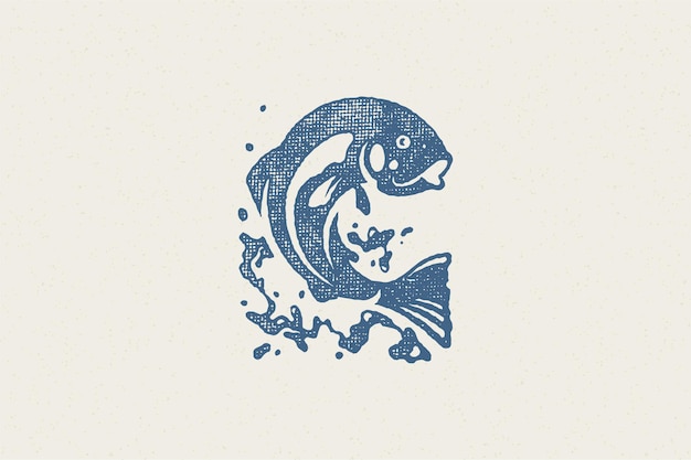 Fish jumping out from water silhouette for fishing club or seafood market hand drawn stamp effect