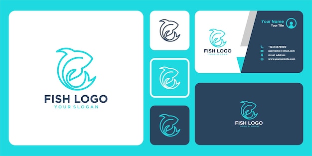 fish logo design with  line art and business card