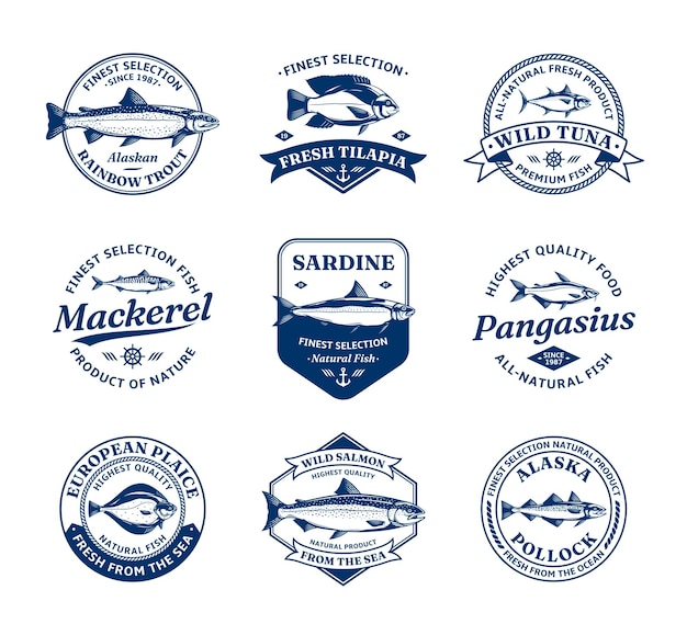 Fish logo and fish illustrations for fisheries seafood markets and advertising