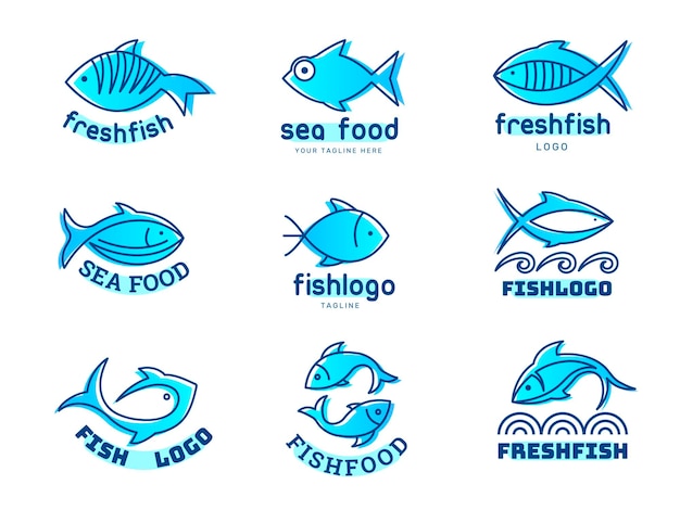 Fish logo Stylized underwater animals icons identity for restaurant menu waves seafood pictures recent vector concept templates