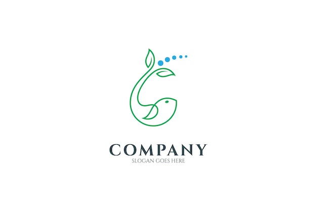 Fish logo with leaf shape with water bubbles effect in continuous line design style