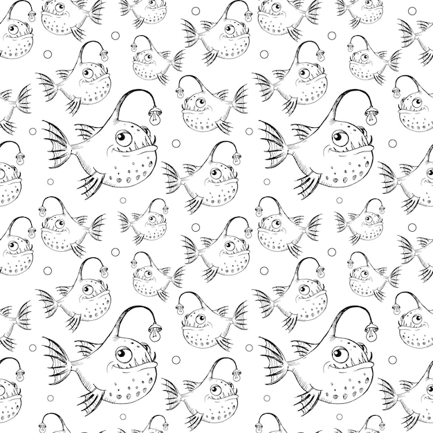 Fish pattern. Hand drawn funny fishes with flashlights in a cartoon style on white background. Vector seamless backdrop. Black and white.