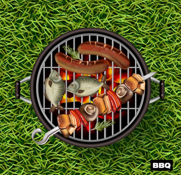 Vector fish and sausages cooking on the grill bbq