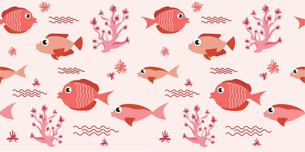 Fish seamless pattern in cartoon style Sea animal vector background Ocean marine