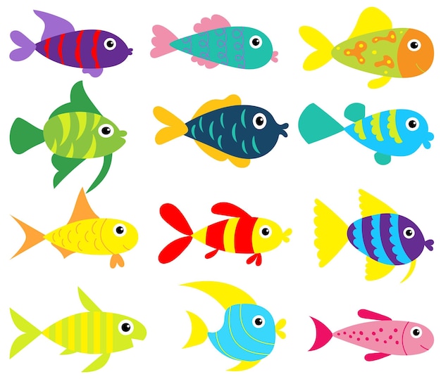 Fish set flat design cartoon isolated