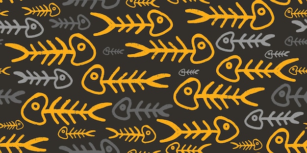 Fish skeletons. Texture line art. Vector seamless pattern.