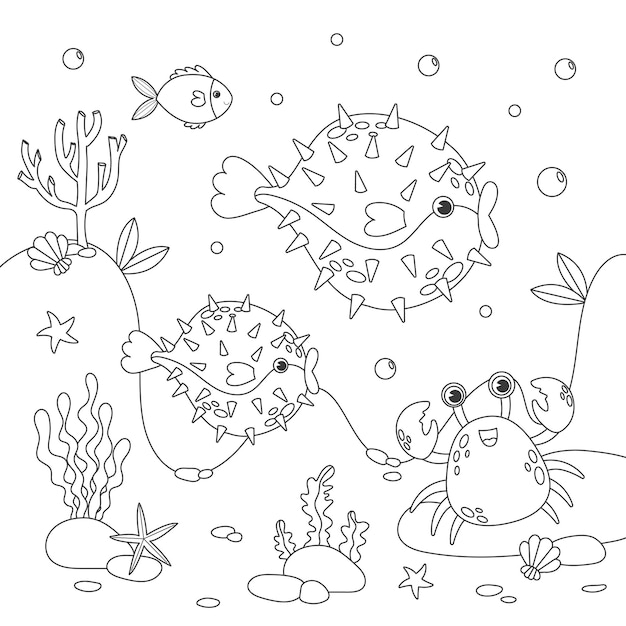 Fish sketch Exotic fish coloring book Cute animal character for kids design