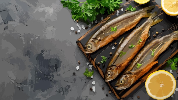 Vector fish on a tray with a fish on it and a fish on the side