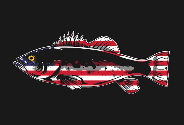 Fish vector illustrationwith usa flag vintage style with black outline