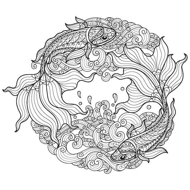 Fish and waves hand drawn for adult coloring book