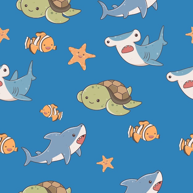 Fish and wild marine animals seamless wallpaper on blue background Inhabitants of the sea world cute funny underwater creatures