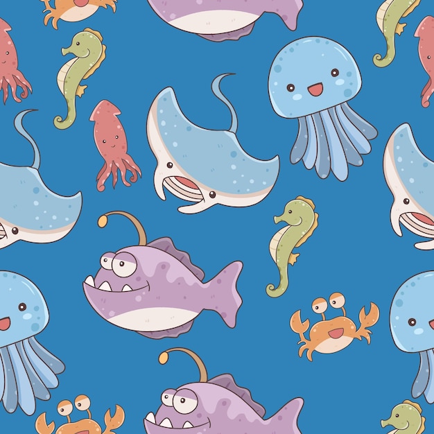 Fish and wild marine animals seamless wallpaper on blue background Inhabitants of the sea world cute funny underwater creatures