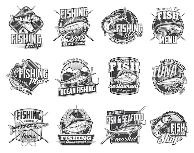 Fish with fisherman tackle fishing isolated icons