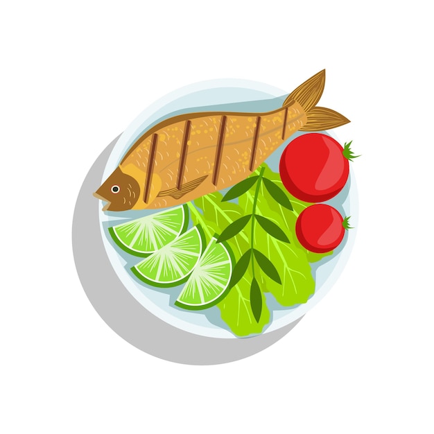 Vector fish with lime and tomatos oktoberfest grill food plate illustration