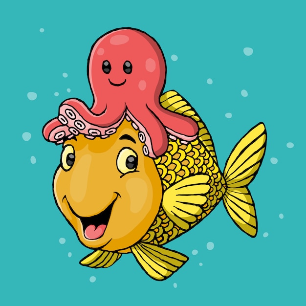 Fish with octopus hat, hand drawn, Vector