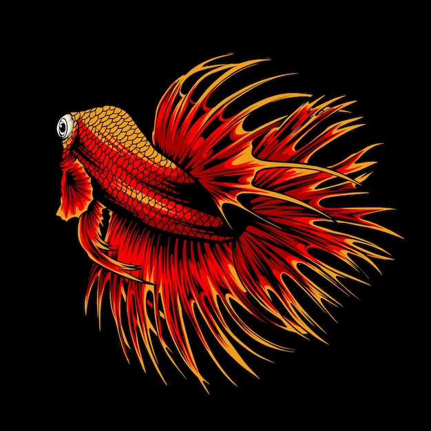 A fish with a red and yellow tail and yellow flames on a black background.