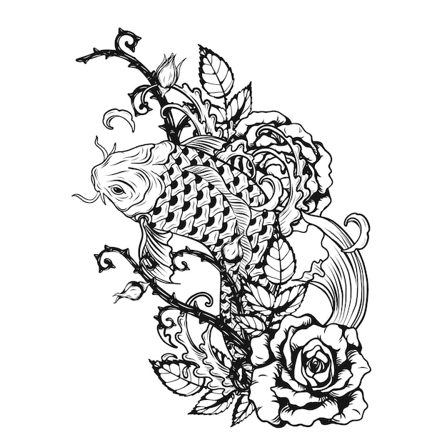 Fish with rose tattoo by hand drawing