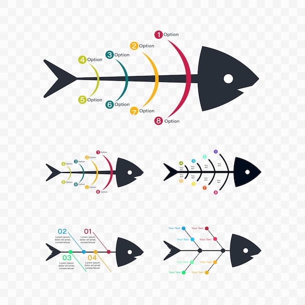 Fishbone infographic design collection with colorful text slot. Infographic design on white background, Stylish Infographic elements for business presentation concept.