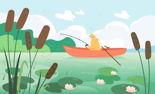 Fisher catching fish while sitting in boat. Nature recreation, summer landscape with blue sky and man fishing on lake flat vector illustration. Recreation, nature concept for banner or landing page