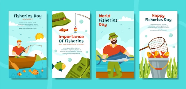 Fisheries Day Social Media Stories Illustration Flat Cartoon Hand Drawn Templates Background