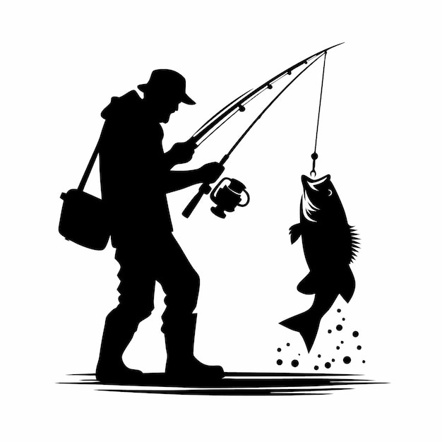 Vector fisherman catching a fish vector silhouette design