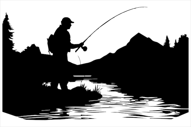 Fisherman fishing silhouette vector illustration