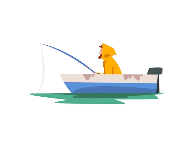 Fisherman Fishing with Rod in Motor Boat Fishman Character in Raincoat and Rubber Boots Vector Illustration on White Background