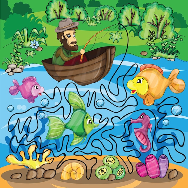 Fisherman Maze Game - bright funny vector illustration