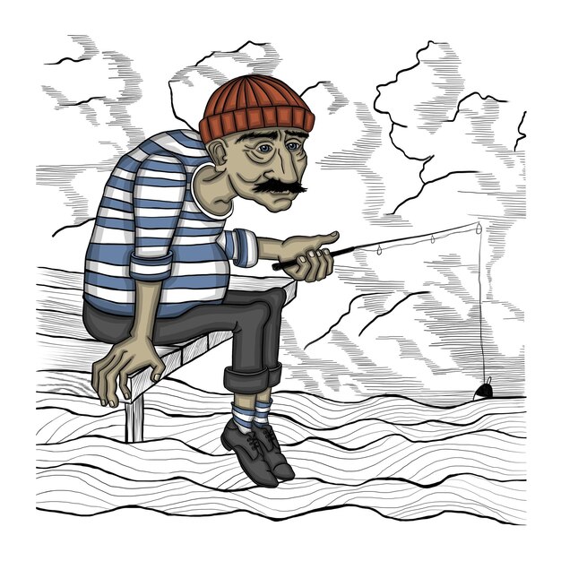 Fisherman at the pier with fishing rod fishing  Vector illustration