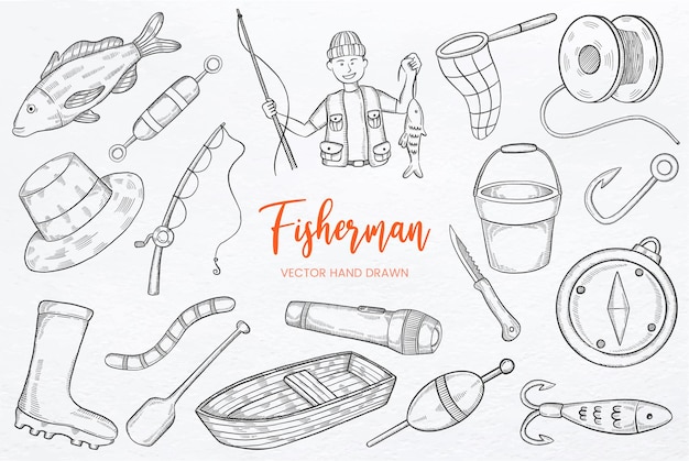 Fisherman set collection with hand drawn sketch vector