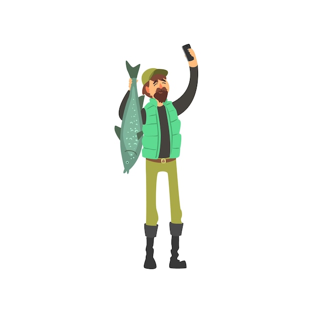 Fisherman Taking Selfie Childish Style Flat Vector Drawing On White Background