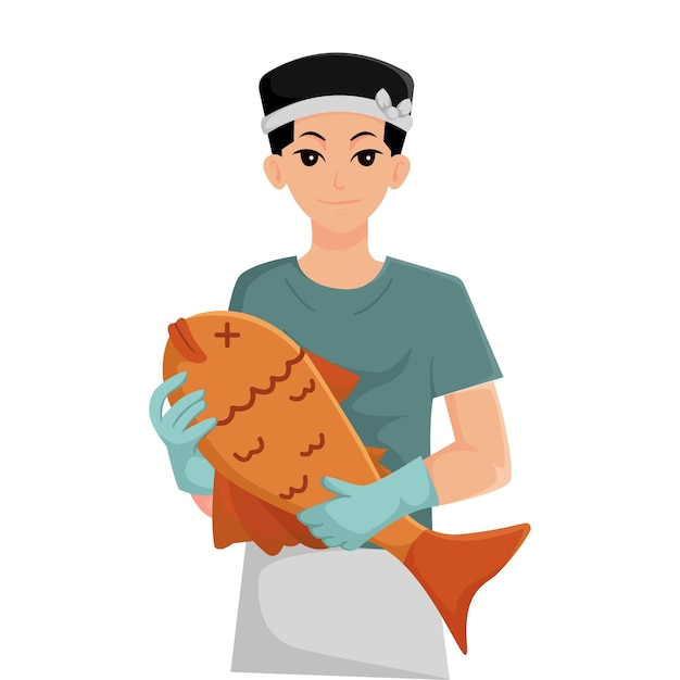 Fisherman with Fish Character Design Illustration