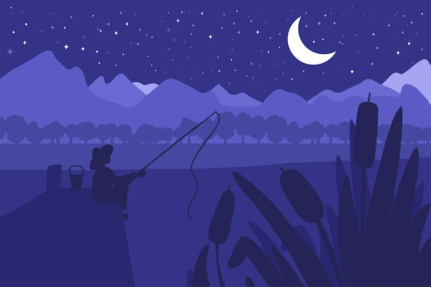 Fisherman with fishing rod on river bridge. Forest with river and park landscape. Night panorama. Natural scene. Vector