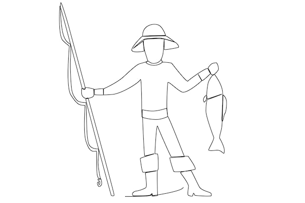 A fisherman with a hat and a long rod catching a fish outdoor one line art