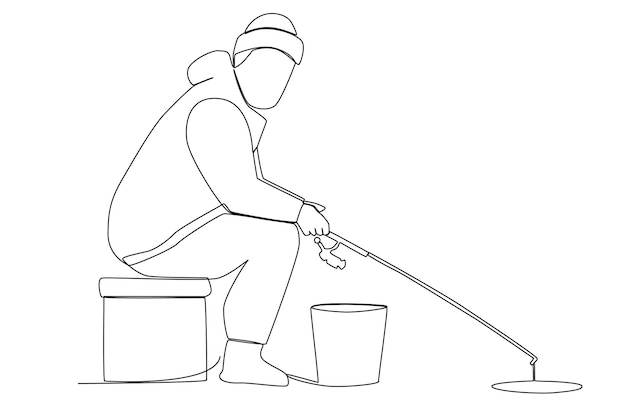 A fisherman with a rod and a bucket waiting for a fish outdoor one line art