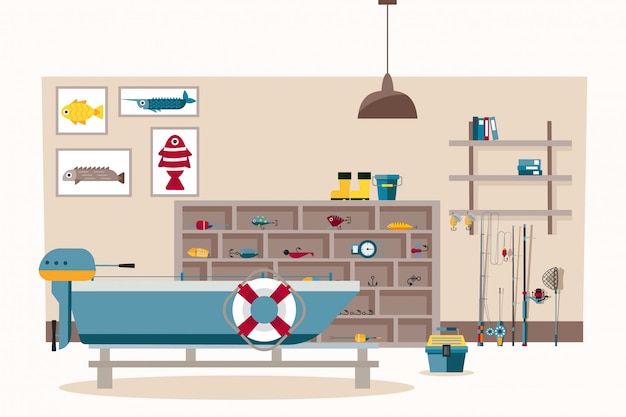 Vector fishermans room  illustration, fishing tackle, hooks, fishing rod and spinning. there boat with motor in room  banner