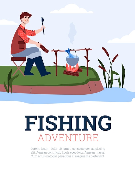 Fishing adventure card or poster with fisherman cartoon vector illustration