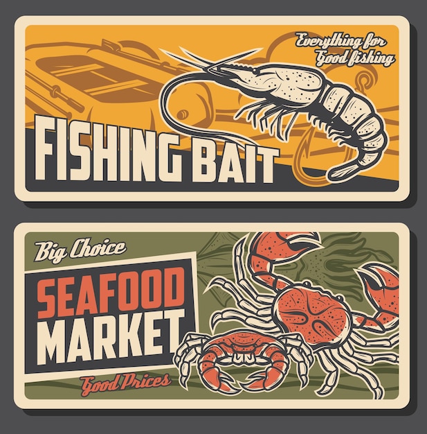 Fishing bait store seafood market vector banners