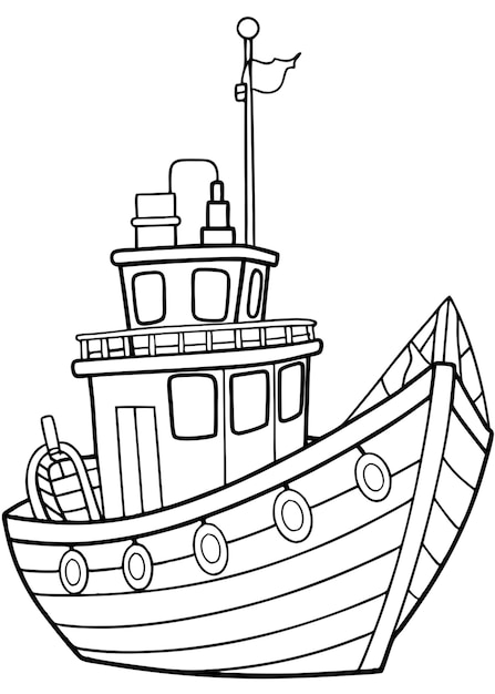 Vector fishing boat coloring pages cute style for kids vector illustration line art