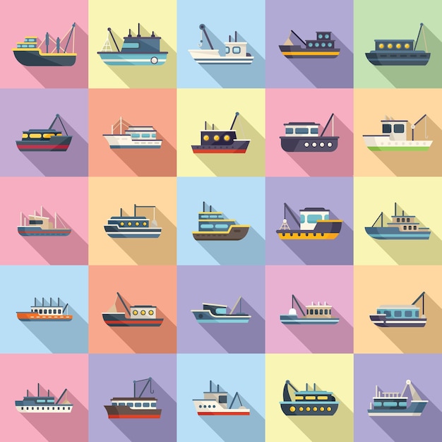 Fishing boat icons set flat vector. Cargo marine. Ocean ship