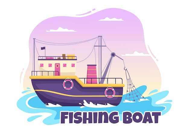 Fishing Boat Illustration with Fishermen Hunting Fish Using Ship in Hand Drawn Vector Templates