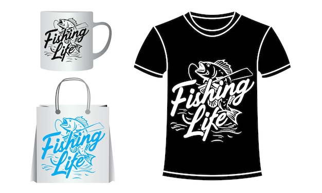 Vector a fishing boat is sitting next to a white bag and a black shirt that says fishing life on it