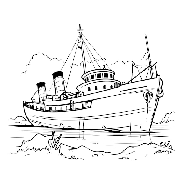 Fishing boat on the sea in sketch style