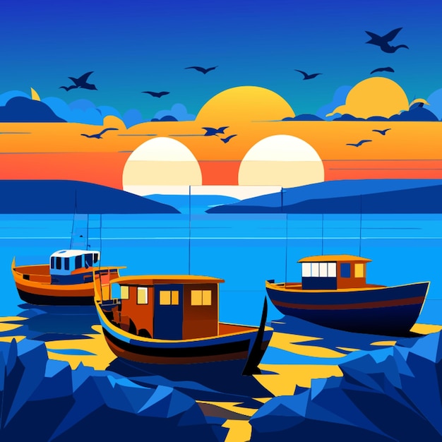 fishing boats in sea blue sky vector illustration