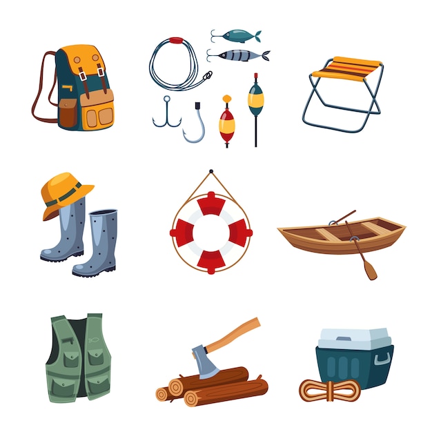 Fishing and Camping Equipment in Flat Design Set